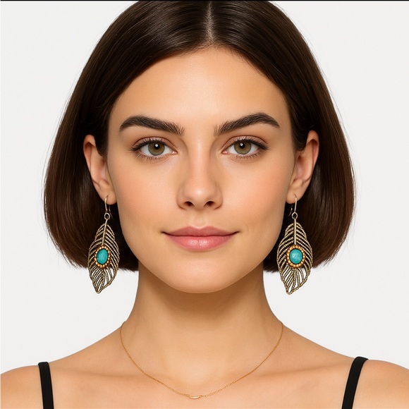 Feather Turquoise Stone Silver Drop Earrings - Picture 1 of 14